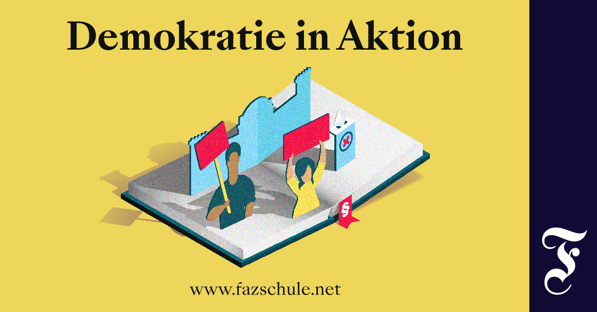 Schriftzug Demokratie in Aktion und ein Buch, aus dem Aufklappfiguren herausgucken